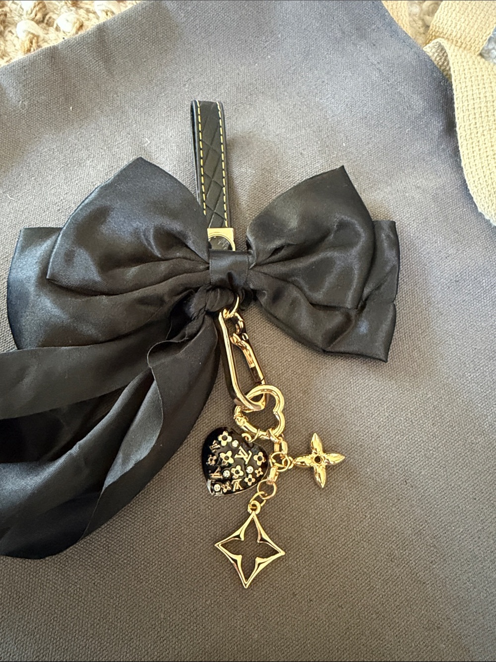 Black Bow Keychain Charm with Gold Accents
